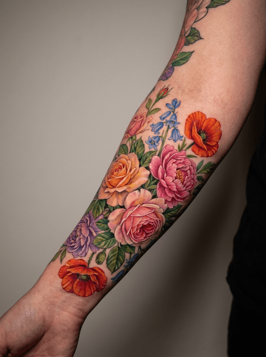 Colour floral sleeve — full colour tattoo generated with InkOnce