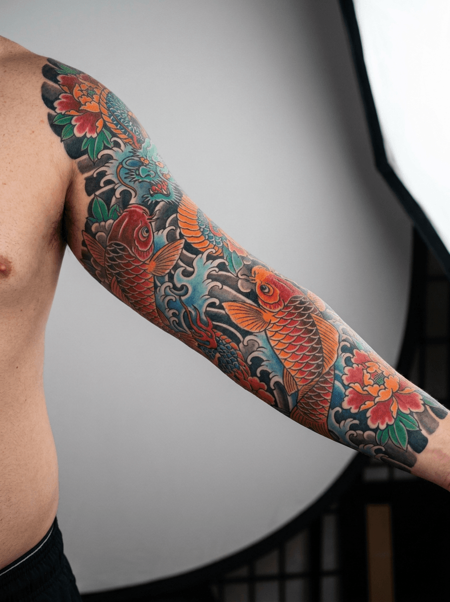 Colour Japanese sleeve — full colour tattoo generated with InkOnce