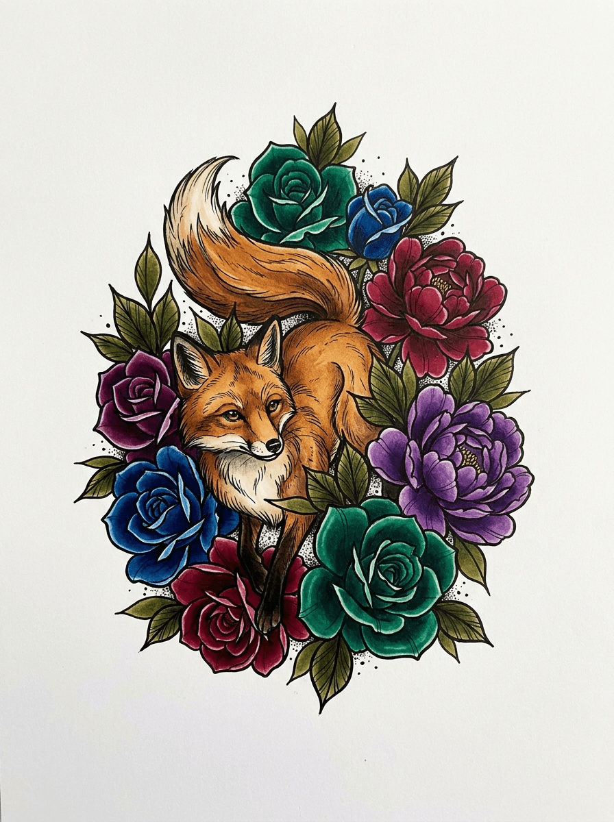 Neo-traditional — full colour tattoo generated with InkOnce
