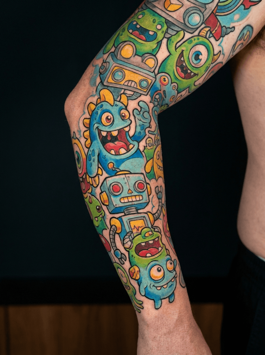 New school sleeve — full colour tattoo generated with InkOnce