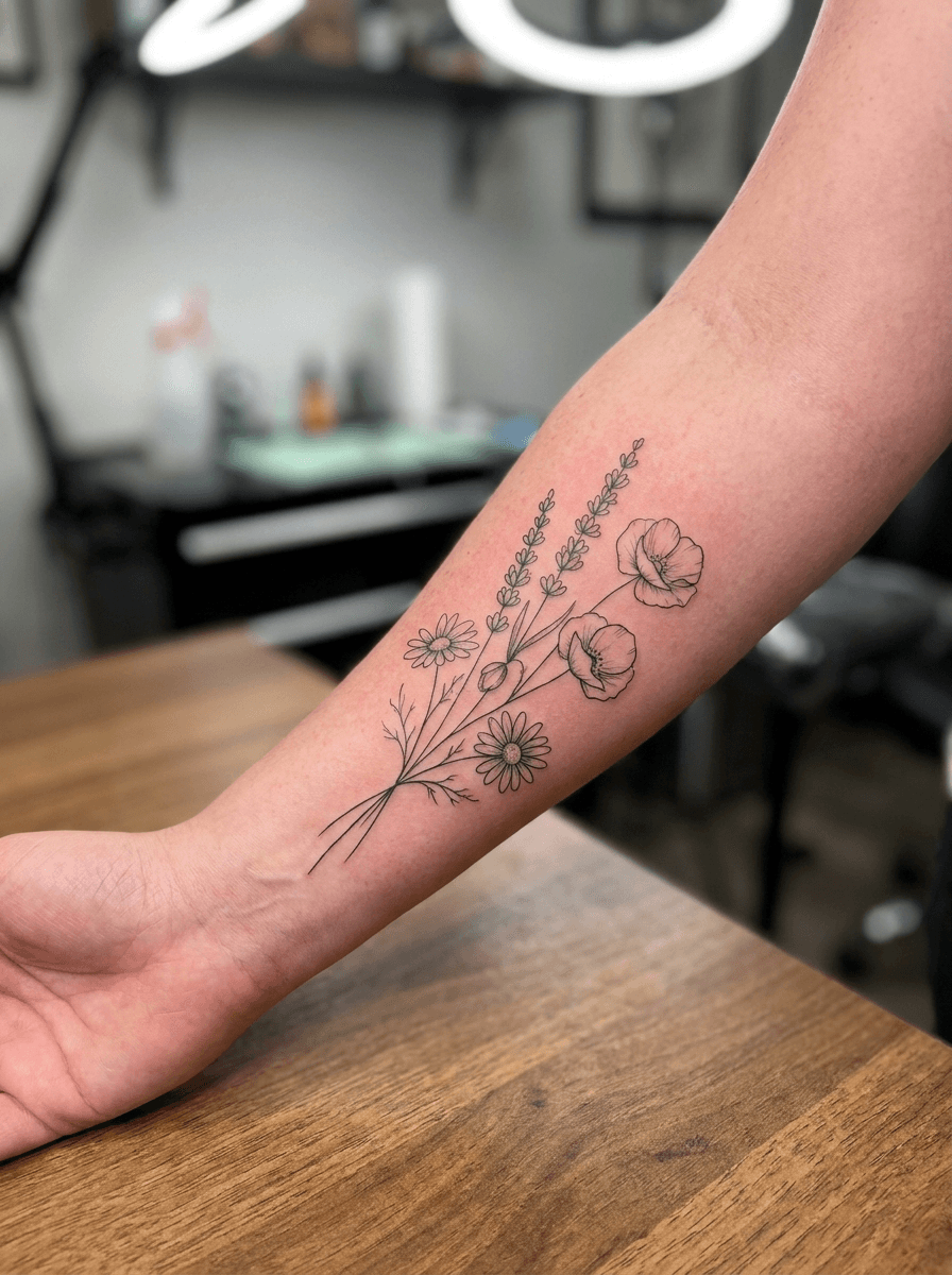 Fine line botanical tattoo designed on InkOnce, shown on a forearm